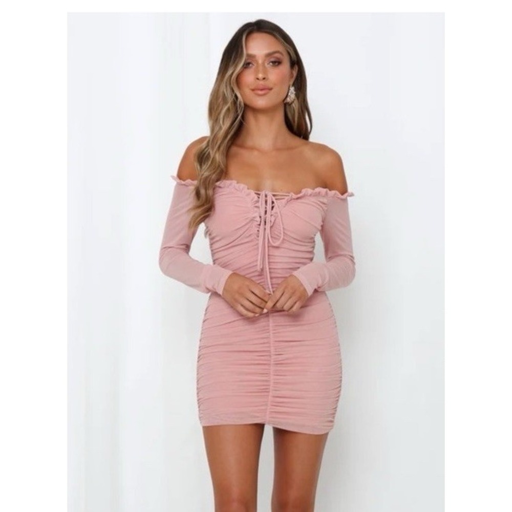 HELLO MOLLY Can I Get A‎ Witness Dress Medium Pink Ruched Lace Up Off Shoulder